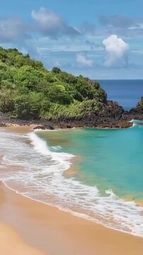 Fernando de Noronha, Brazil. Aerial view. Sancho beach in vertical video.