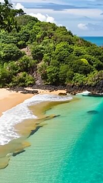 Fernando de Noronha, Brazil. Aerial view. Sancho beach in vertical video.