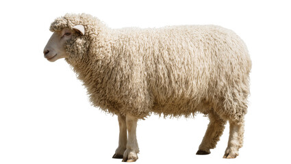 Fototapeta premium Sheep with thick wool standing profile view