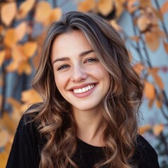 Fototapeta premium Young Woman Smiles While Sitting Indoors During Daylight Near Large Window
