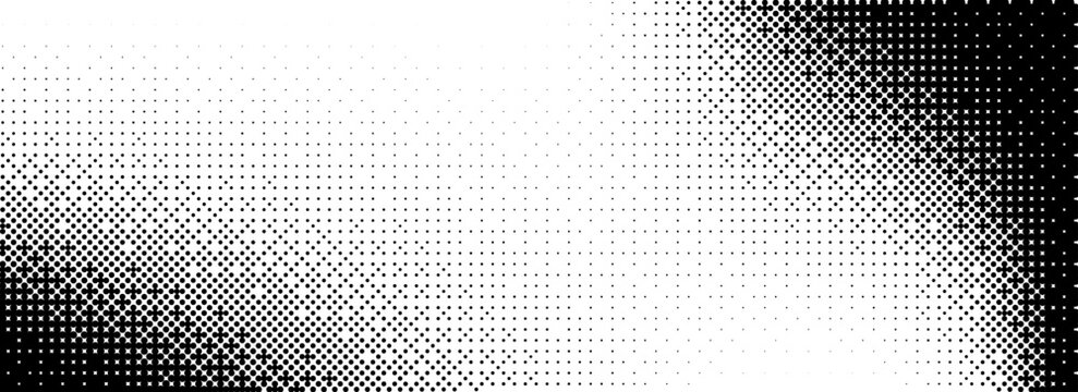 Pixelated bitmap gradient texture. Black and white dither pattern background. Abstract glitchy pattern. 8 bit video game screen wallpaper. Wide raster backdrop. Retro pixel art Illustration.