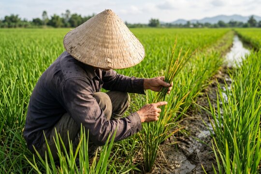 Farmer inspecting rice leaves for disease symptoms in a paddy field as part of crop monitoring and integrated plant health management.