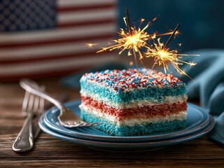 Obraz premium Celebrating a special event with a dessert that has red, white, and blue layers and is topped with sparklers on a wooden table