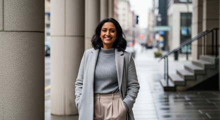 Obraz premium Confident Indian Businesswoman Smiling on a City Street, Professional Woman in Grey Coat Standing Outdoors