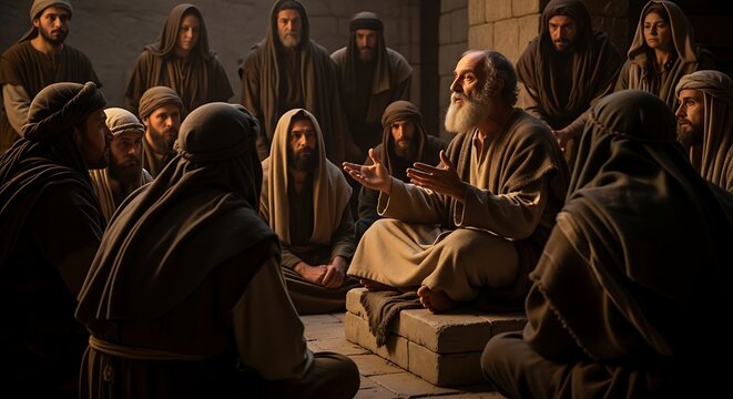A wise old man in traditional robes talks to a group of people in a circle setting