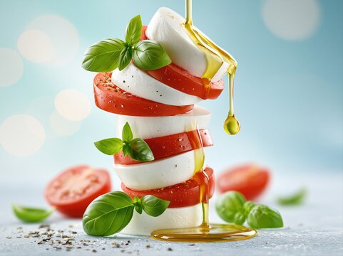 Fresh layers of tomato and mozzarella cheese stack with oil drizzling down on a table setting for a meal