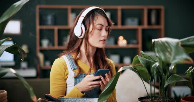 Phone, leaf and check with woman in home for botany app, horticulture research and inspection. Plant identification, gardening tips search and eco friendly hobby with person and headphones in house