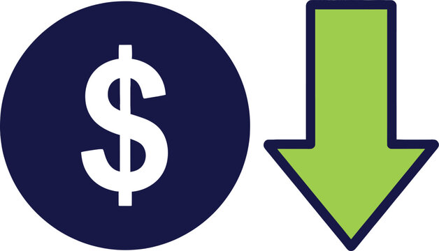 Financial downturn concept dollar sign with downward arrow illustrating economic recession or price decrease