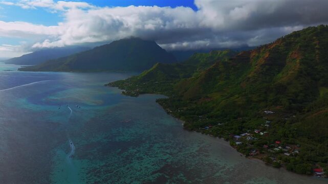 Opunohu Bay Ta'ahiamanu Public Beach Cook's Bay coral reef channel sailboats yachts Bora Bora Bungalows Moorea Tahiti island French Polynesia aerial drone sunset golden hour forward circle