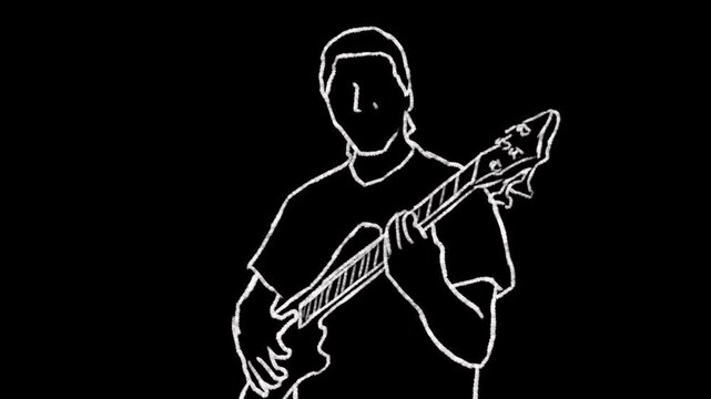 seamless loop rotoscope animation of bassist playing bass in white scribble sketch doodle hand-drawn line style on black background 