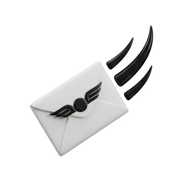 3D Render of a White Envelope with Black Wings and Motion Trails