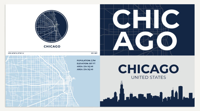 Chicago city collage featuring skyline silhouette, blue map layout, bold CHICAGO typography, and vintage clock in cool blue tones.