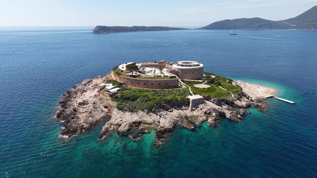 Drone Shot of Mamula Island, Montenegro. Former Fortress in Adriatic Sea, Entrance to Kotor Bay