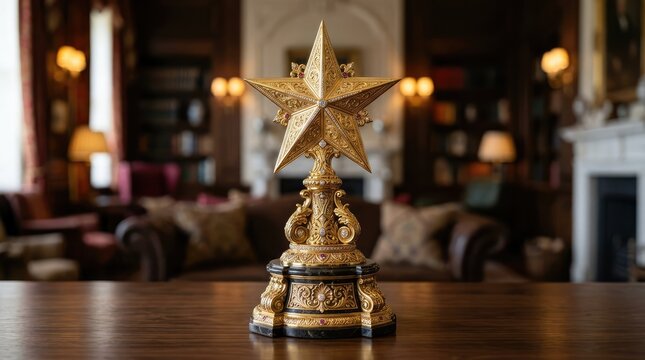 A Gilded Star Trophy in an Opulent Room: An ornate, star-shaped trophy gleams, centered on a polished wooden table, set against the backdrop of a richly decorated, traditional study or lounge.