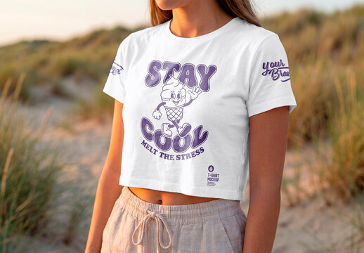 Blank white crop top mockup on beach