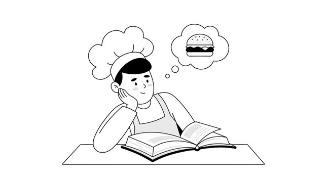 Young chef in uniform reading a cookbook and dreaming of a delicious burger, black and white illustration.