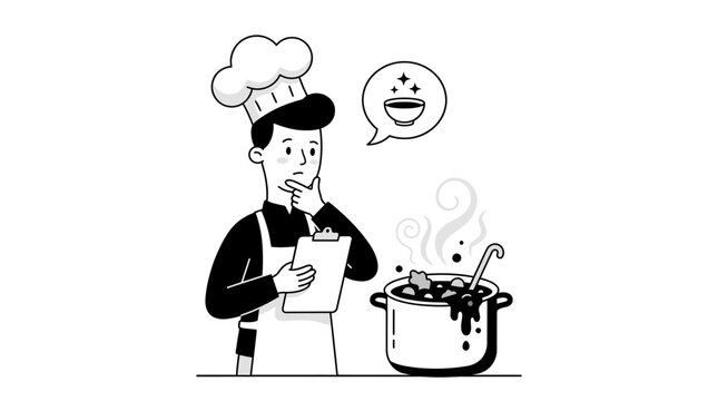 Chef cooking and thinking about ingredients, a hand-drawn illustration of a male cook preparing a meal.
