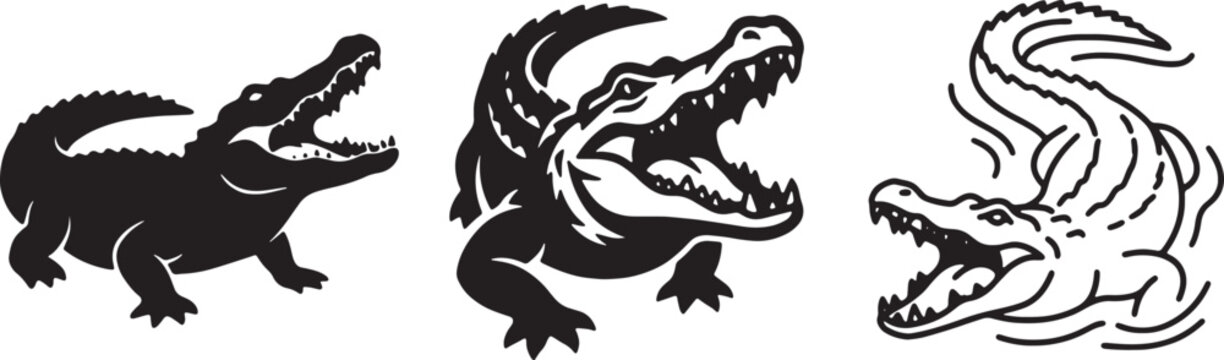 Set of three stylized alligators in black silhouette and outline on checkered background.