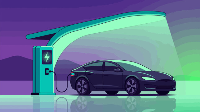 Sleek electric car charging at a modern station under a vibrant gradient sunset sky