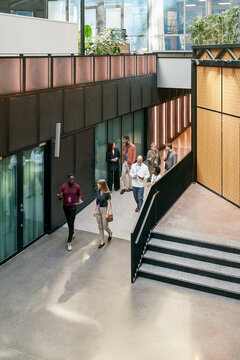 High angle view of female and male business executives talking with each other while walking in lobby of convention cent