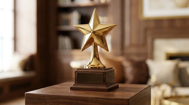 Golden Star Trophy on Pedestal: A gleaming golden star trophy, symbolizing excellence and achievement, rests on a polished wooden pedestal in an elegant room setting.
