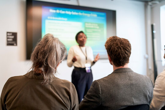 Rear view of male and female business associate attending connectioneering presentation in convention hall