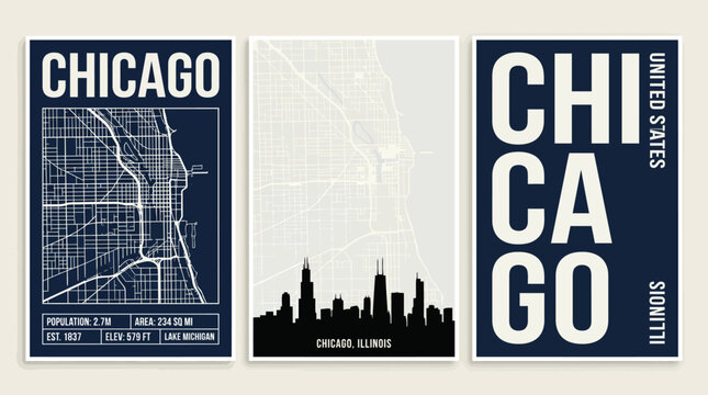 Chicago triptych wall art featuring blue vintage street map panels and skyline silhouette for modern urban decor.