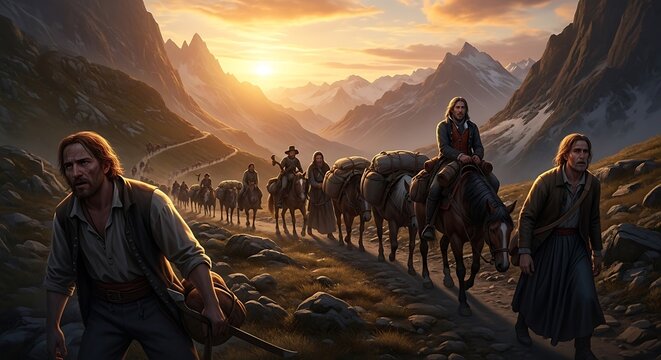 A group of rugged travelers journey through a mountainous landscape at sunset on horseback together