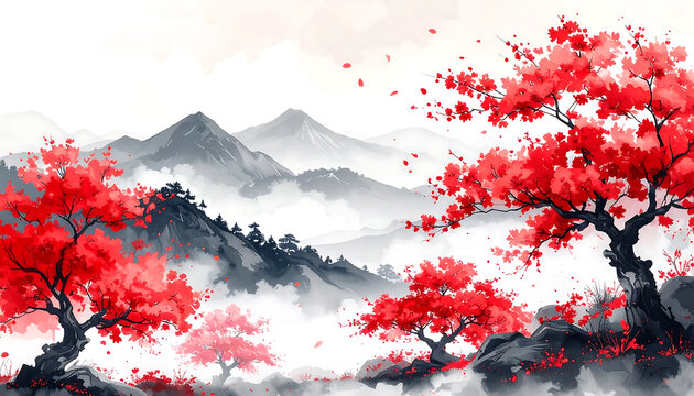 Japanese Ink Wash Painting Landscape with Red Cherry Blossom Trees and Misty Mountains in Traditional Sumi-e Style