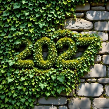 2027 Green Foliage Numbers Displayed Against Stone