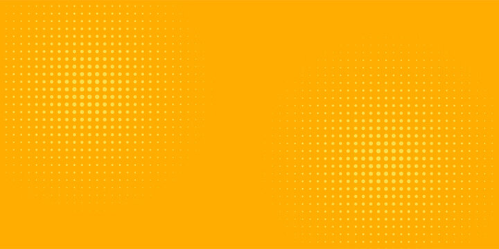 Yellow halftone pattern. Retro comic gradient background. Bright orange pixelated dotted texture overlay. Cartoon pop art faded gradient pattern. Vector backdrop for poster, banner, advertisement