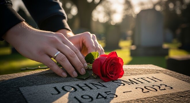Rose placed on grave in cemetery during remembrance ceremony. Mourner gently lays vibrant red rose on tombstone with engraved name and dates, symbolizing love and loss in memory.