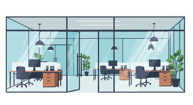 Modern office interior with glass walls and workstations