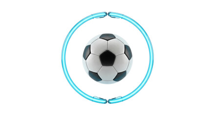 Naklejka premium Soccer ball floating inside blue neon light circle