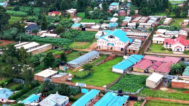 Aerial drone view of rural roads in kenya, Rural roads village poverty slums northern kenya