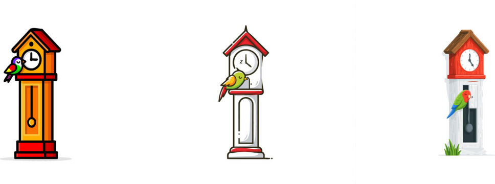 A whimsical grandfather clock illustration features a tiny colorful cuckoo bird sleeping soundly outside its door on a vibrant, child-drawn style background with bold clean lines and high contrast