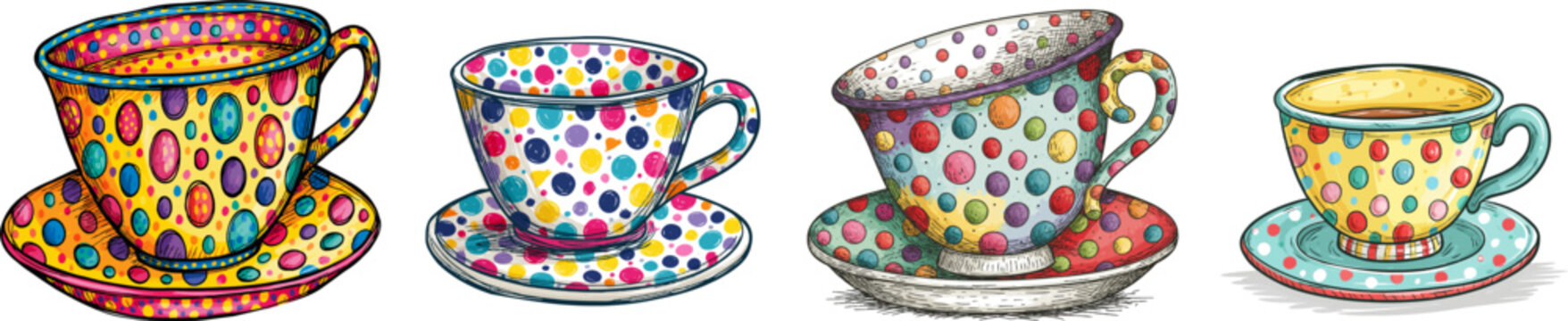 A whimsical teacup adorned with vibrant polka dots sits atop an equally colorful saucer, both meticulously isolated against a stark white background