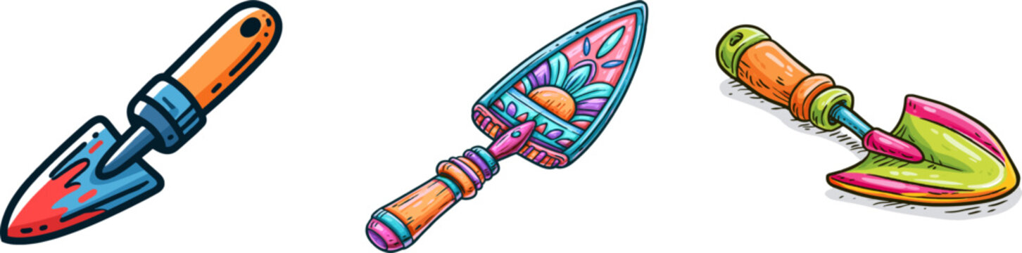 A charming garden trowel illustration in bold, vibrant colors with whimsical details, set against a clean white background