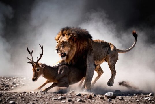 The angry lion attacks the deer. Animals