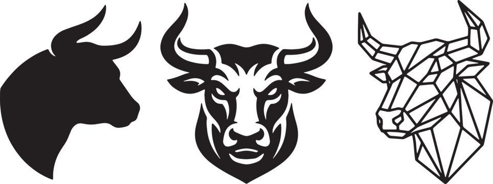 Strong bull head vector set with taurus silhouette and geometric line art for mascot designs.