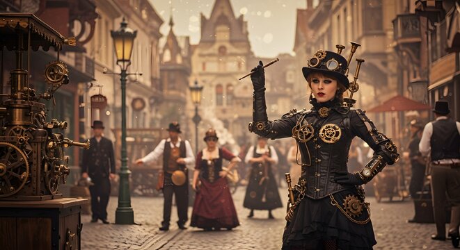 Steampunk woman in black Victorian costume with gears poses confidently on city street