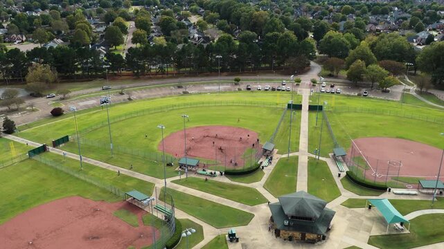 Aerial View Of Baseball Fields At WC Johnson Park In Collierville, Tennessee, USA.