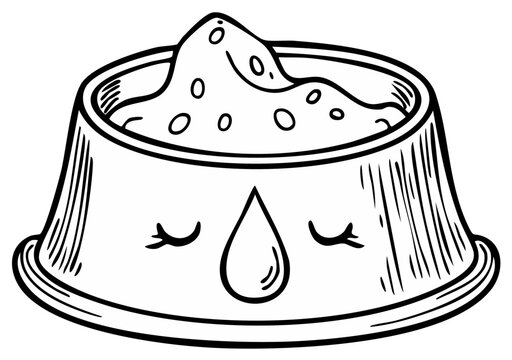 Sad pet food bowl illustration black and white line art drawing crying full of food for animals feeding pets