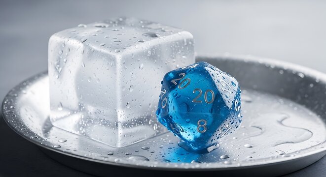 A blue 20 sided dice resting next to a melting ice cube on a wet silver metal plate as a symbol for gaming luck roleplaying tabletop fantasy games