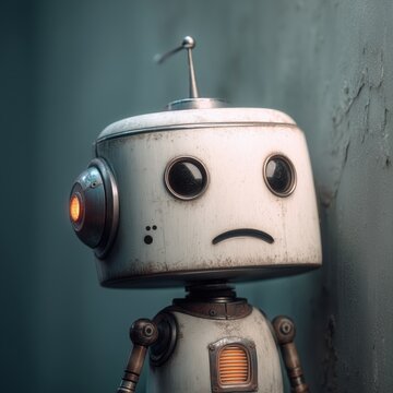 Sad retro robot portrait with expressive face and soft light. AI-generated.