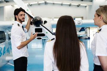 Pilot instructor explaining airplane propeller to female students © alvaro