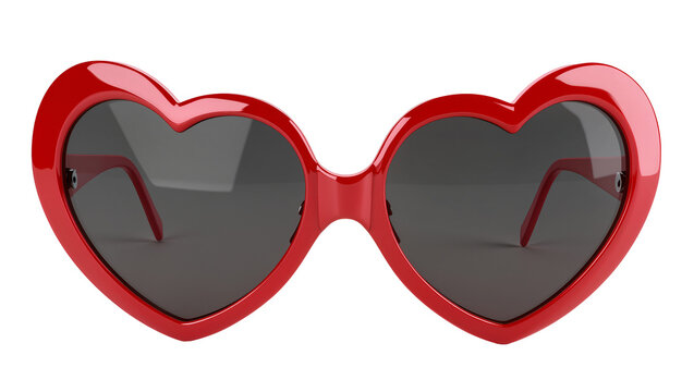 Shiny red heart-shaped sunglasses with dark lenses, isolated on transparent background