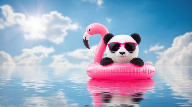 Funny panda in sunglasses relaxing on a pink flamingo float in calm water under a sunny sky. Playful summer vacation concept with copy space for travel and holiday promotions