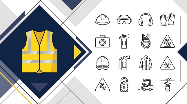 Workplace Health and Safety Icons with PPE High-Visibility Vest Illustration