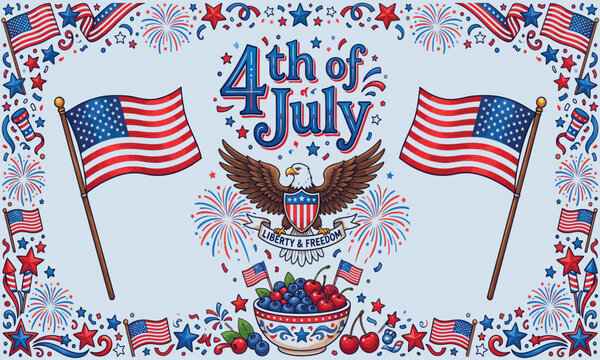 Festive 4th of july illustration with american flags eagle and fireworks